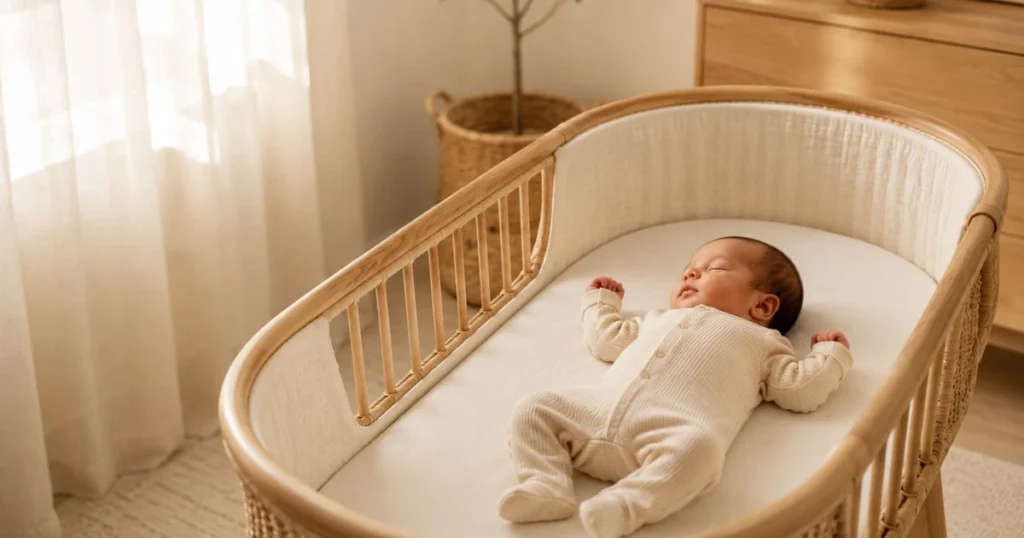 newborn sleeping peacefully in bassinet
