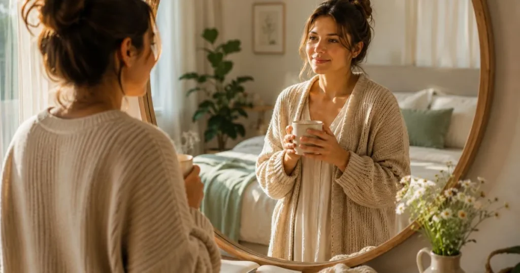 Mother practicing self-compassion and kindness