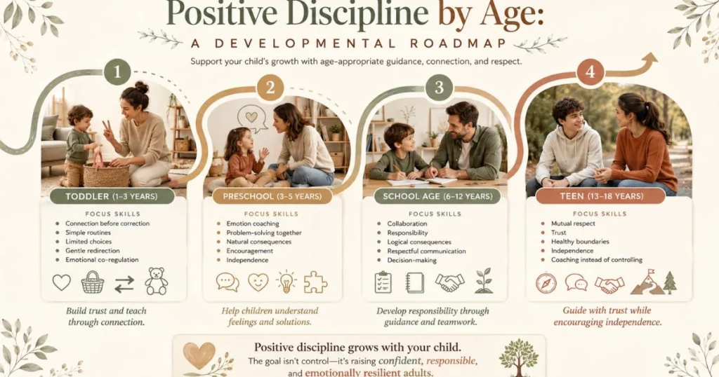 Timeline showing positive discipline techniques for different child ages.