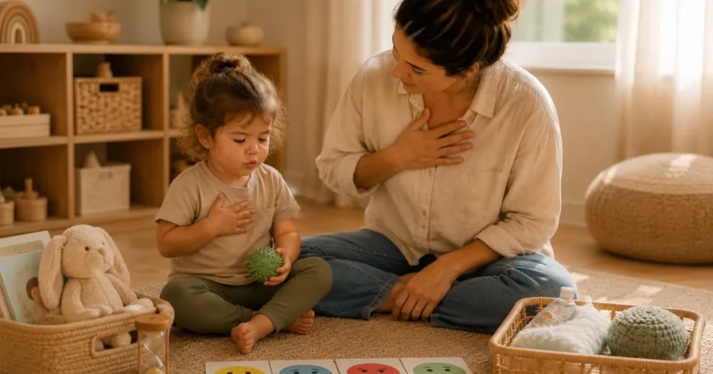 Parent helping a toddler manage emotions during a tantrum