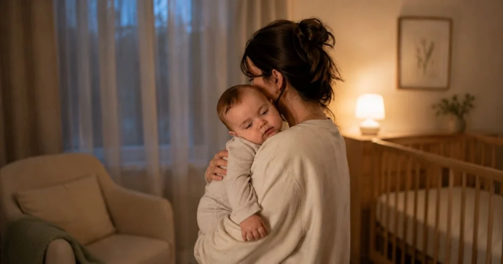 tired 8-month-old baby being comforted by parentqw