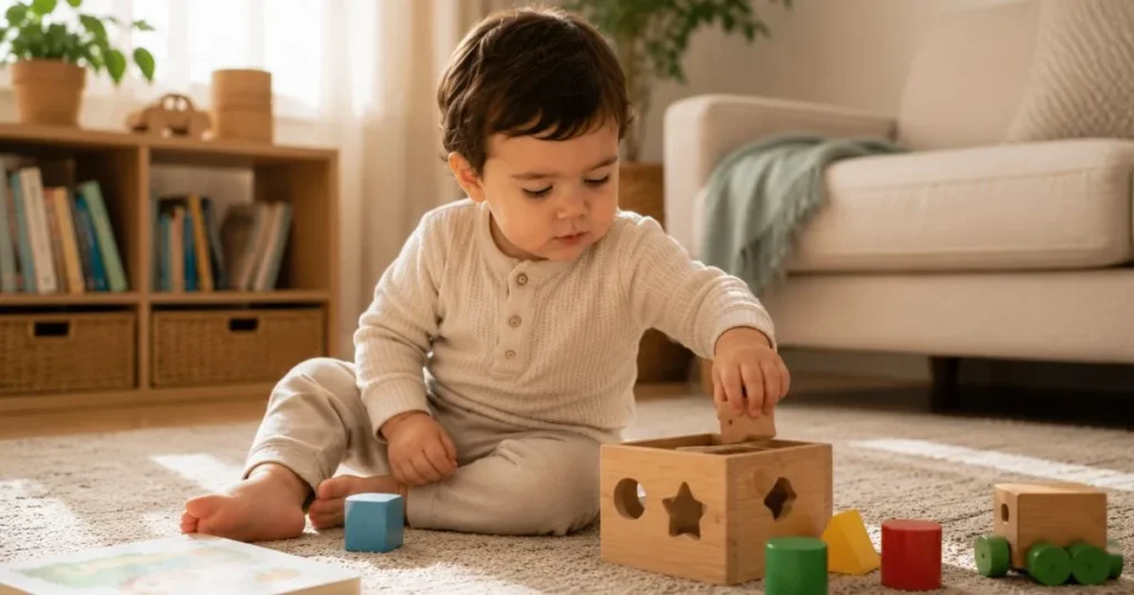 Awake toddler playing with age-appropriate toys 