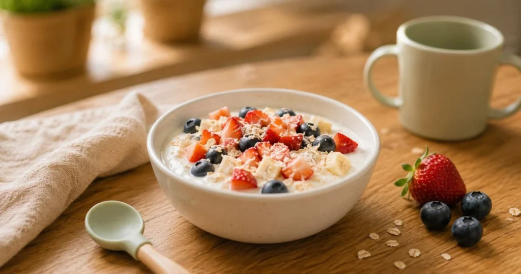 Toddler eating homemade banana oat pancakes