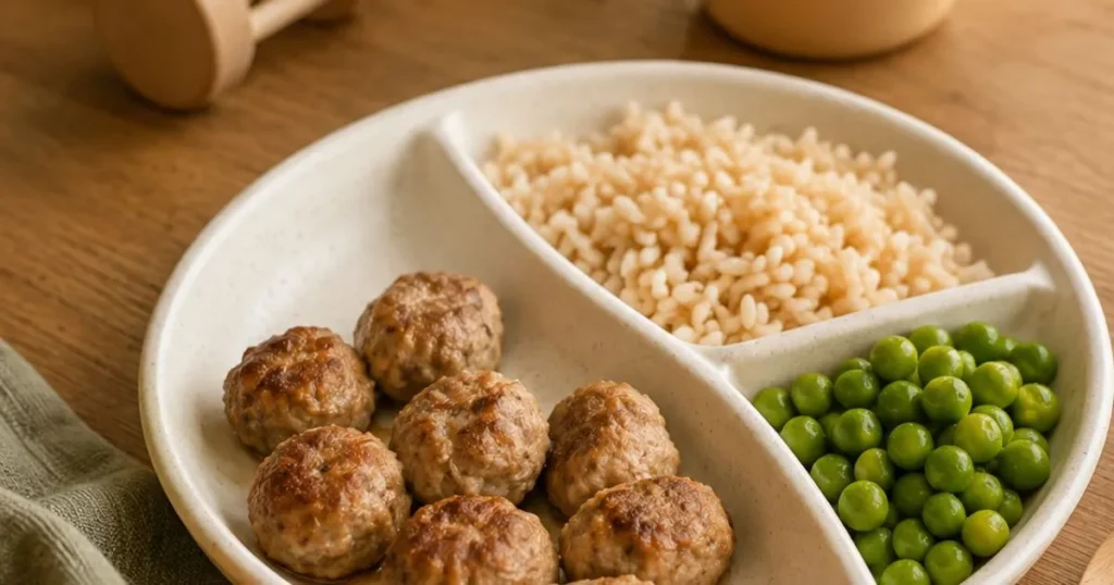 Small homemade meatballs with brown rice and peas on toddler plate