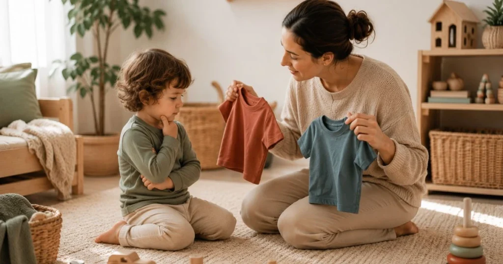  A calm parent kneels at eye level with a preschool-aged child, holding two choice a red shirt and a blue shirt