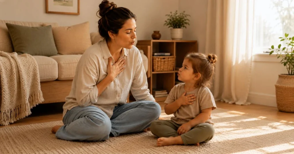 Parent helping a toddler practice calming breaths