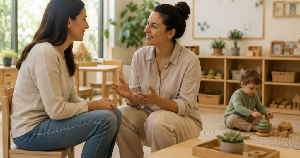 Toddler Biting: Why Toddlers Bite and How to Handle Biting Without Punishment 9 Parent and daycare teacher discussing toddler behavior