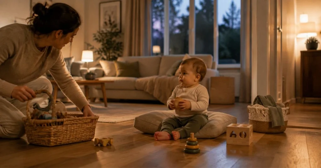Parent preparing a 6-month-old baby for bedtime