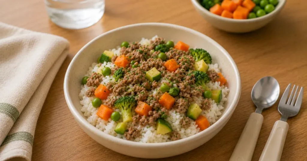 beef and vegetable rice bowl for toddler