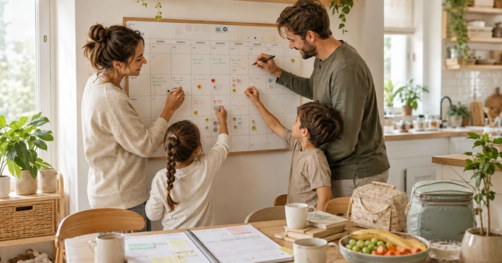 Family using a shared planner to reduce the mental load