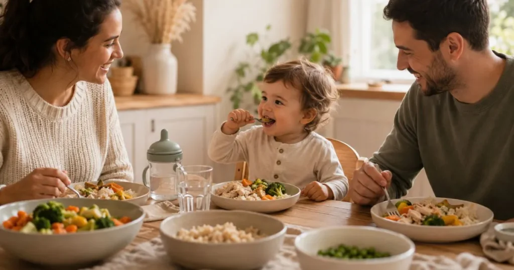 Toddler independently picking up soft finger foods while parent supervises