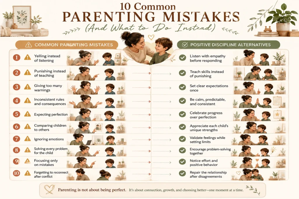 Infographic showing common mistakes parents make when using positive discipline.