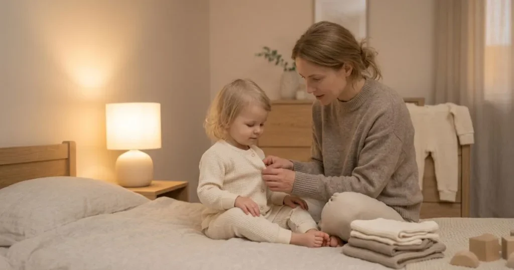 toddler putting on pajamas before bed