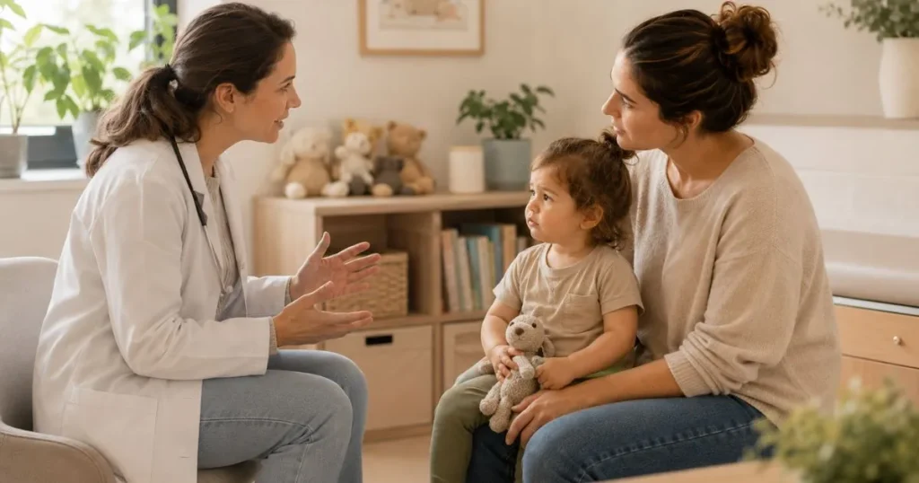 Parent discussing toddler emotional concerns with a pediatrician