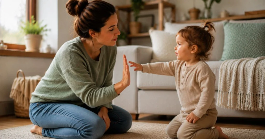 How to Stop Toddler Hitting Without Punishment 11 Mother calmly responding when toddler hits her