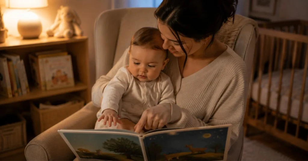 parent reading bedtime story to 8-month-old baby