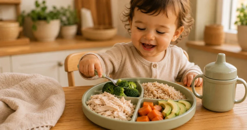 Colorful healthy toddler lunch with vegetables and protein