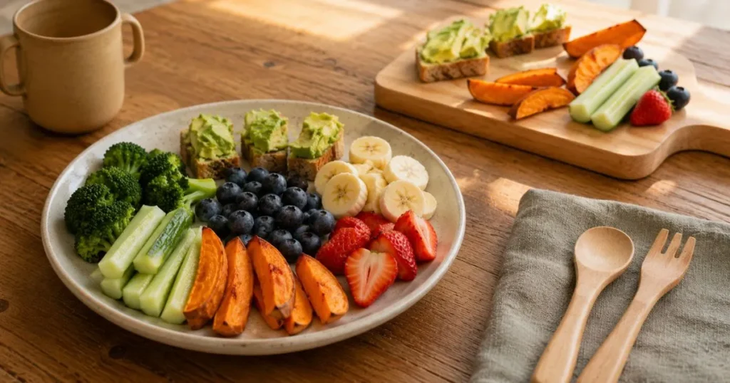 Toddler plate containing avocado toast strips, cucumber, cheese, and soft fruit
