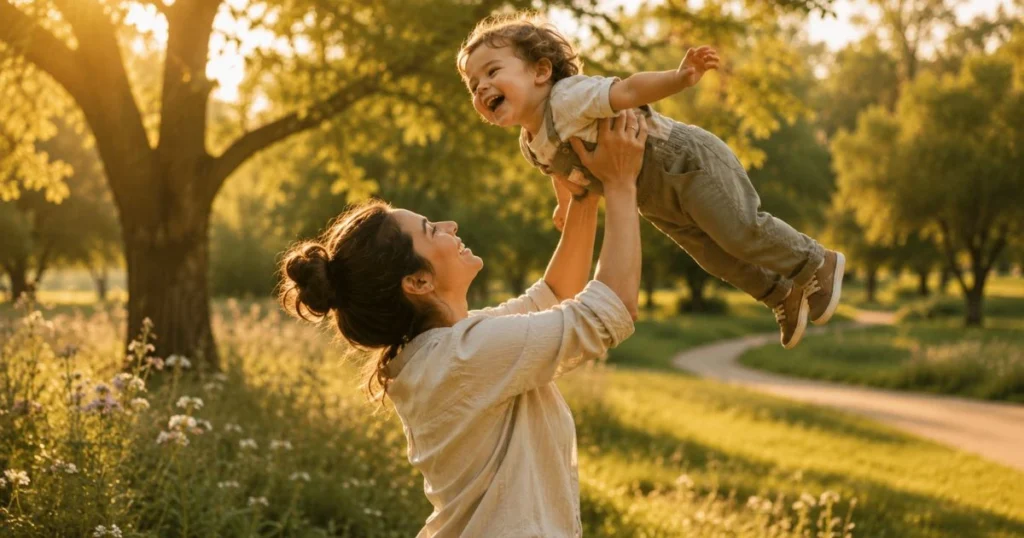 Confident mother enjoying a joyful moment with her child