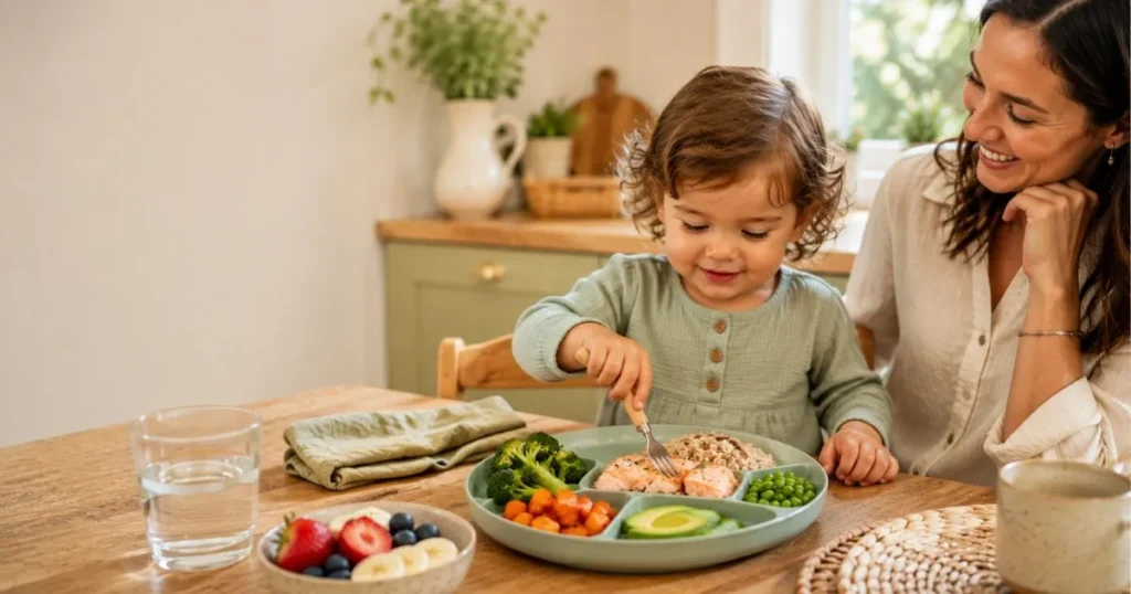 Toddler Dinner Ideas: 35 Easy, Healthy Meals They'll Love 10 Toddler enjoying a healthy homemade fish dinner with salmon, rice, broccoli, carrots, avocado, and peas