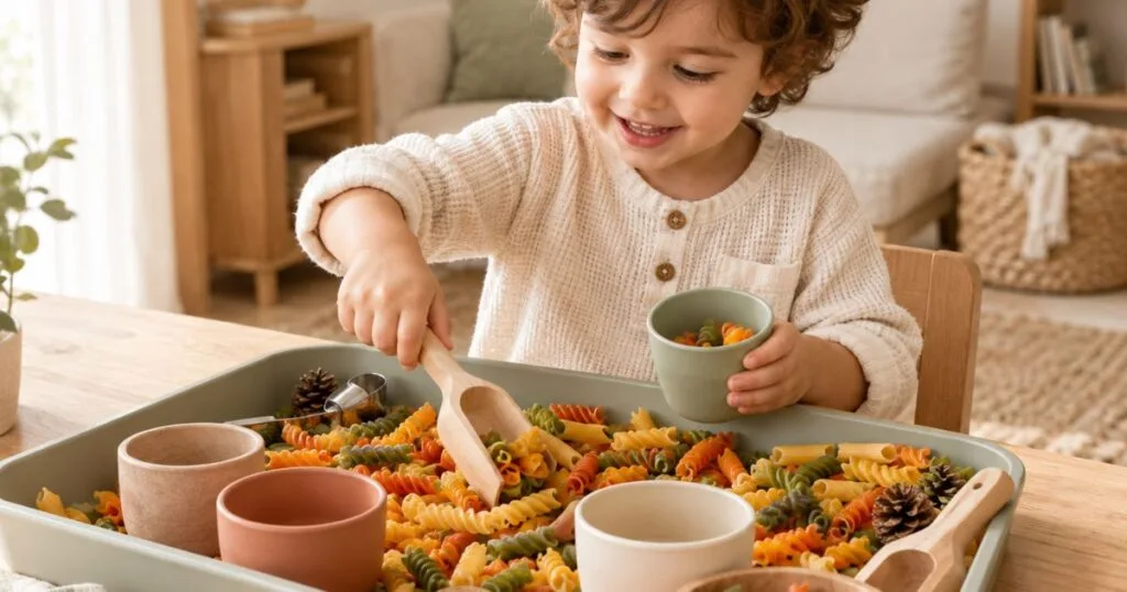 Sensory Play: 25 Easy Activities for Toddlers at Home 6 Toddler exploring colorful cooked pasta with cups and wooden spoons during sensory play
