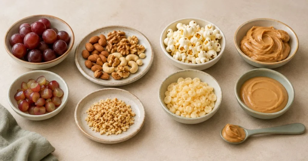 Common toddler choking hazards including whole grapes, nuts, popcorn and thick nut butter