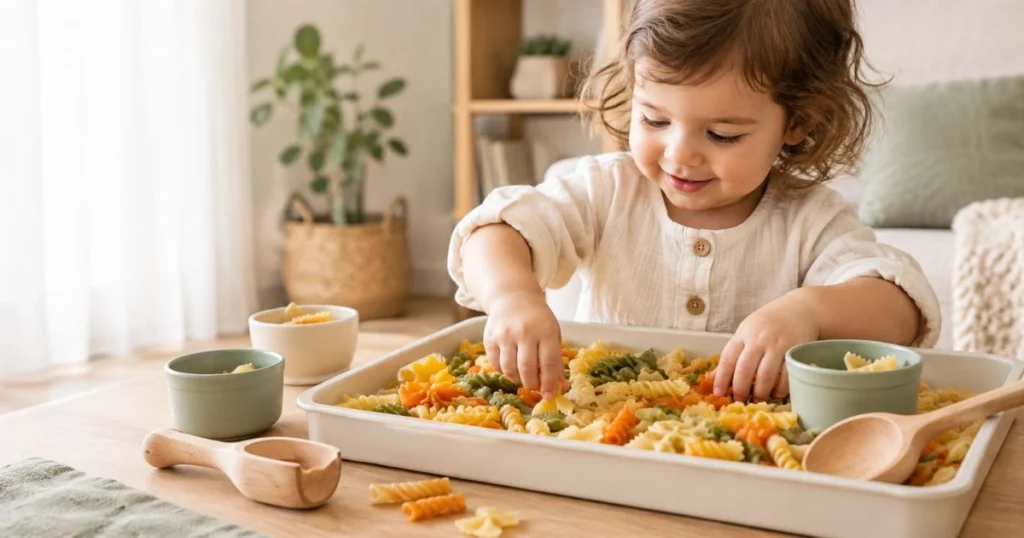 Sensory Play: 25 Easy Activities for Toddlers at Home 8 Toddler exploring a supervised taste-safe sensory tray with edible textures