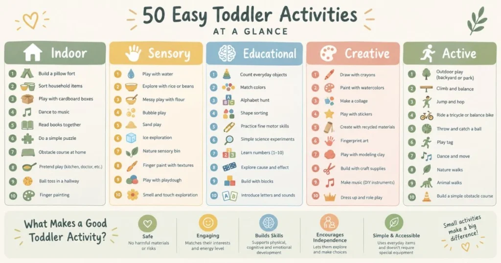 Toddler Activities: 50 Easy Ideas to Keep Little Kids Busy 5 Infographic showing 50 easy toddler activities organized into indoor, sensory, educational, creative, and active play
