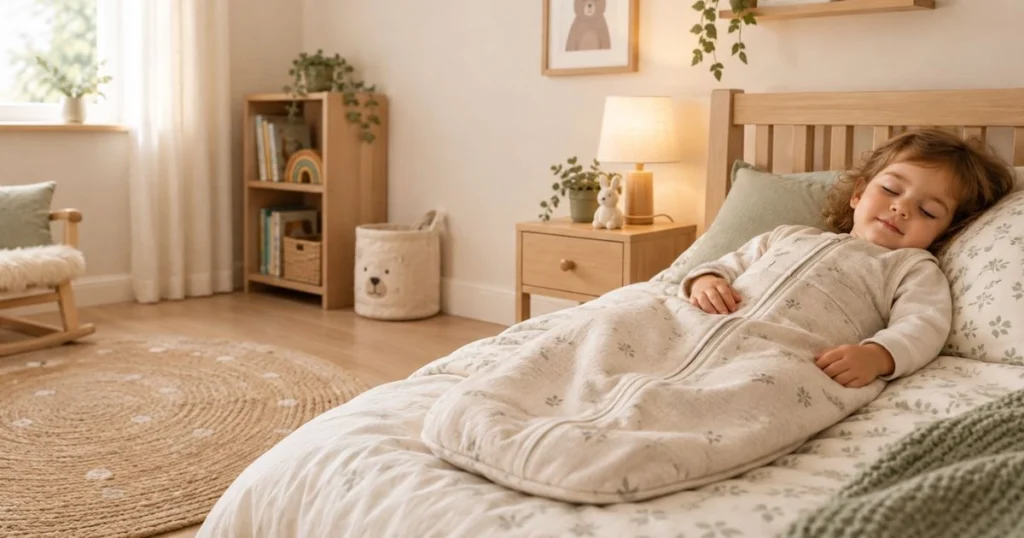 Toddler Sleep Sack: How to Choose the Right One 3 Toddler wearing a sleep sack in a cozy bedroom