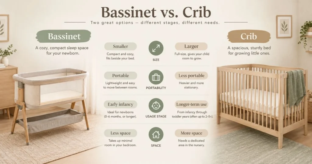 Bassinet vs Crib: How to Choose the Right One 4 Bassinet vs crib comparison showing size, portability, space, and typical use