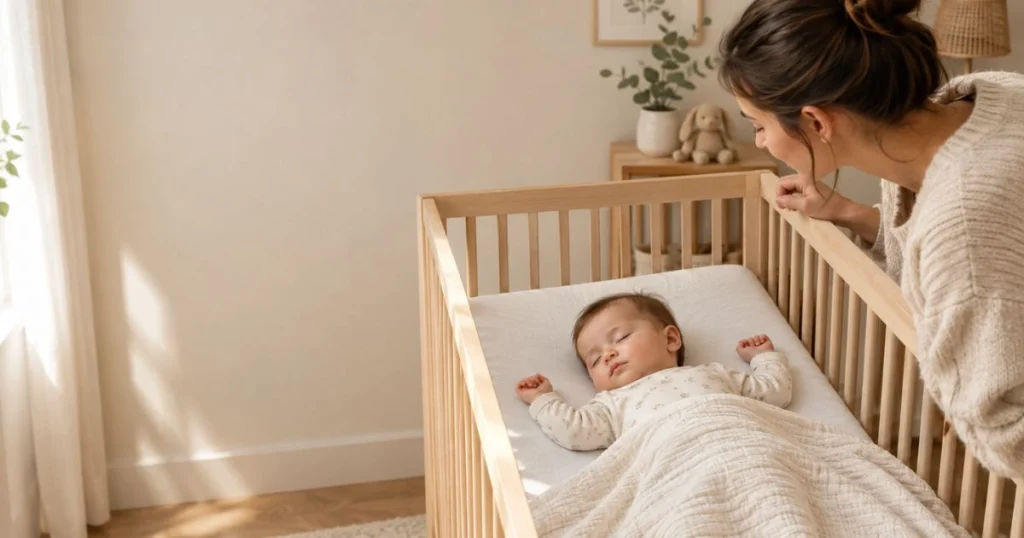 6 Month Sleep Regression 3 6-month-old baby sleeping peacefully in a safe cot while a parent checks nearby