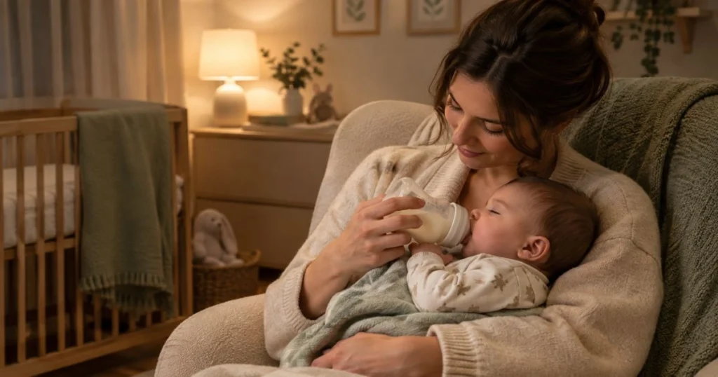 Mother gently bottle-feeding her sleepy baby during a peaceful nighttime dream feed.