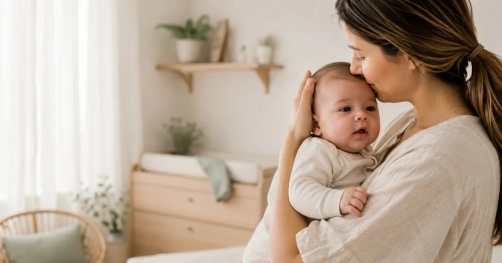 Parent holding baby upright after feeding in a cozy nursery