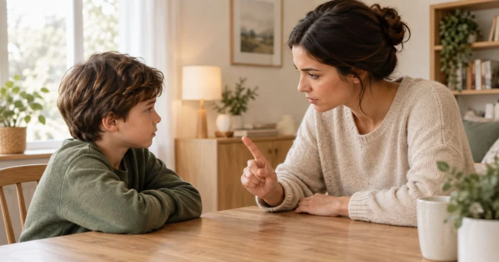 Authoritarian Parenting: Characteristics, Effects, and Healthier Alternatives 3 Parent explaining a rule to a child in an authoritarian parenting situation
