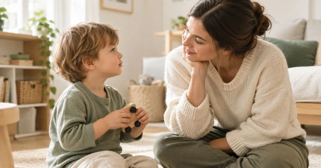 The Authoritative Parenting Style: A Balanced Approach to Raising Confident Children 3 Parent calmly listening to a toddler while providing warm guidance