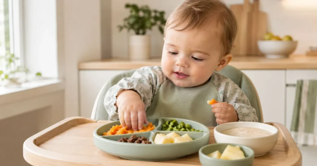First Foods for Baby: What to Offer When Starting Solids 7 Baby exploring healthy first foods while starting solids
