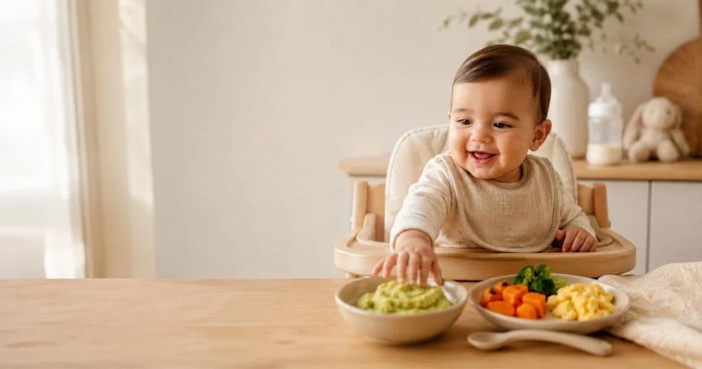 Baby Feeding Schedule by Age: The Complete Month-by-Month Guide 21 Happy baby enjoying a relaxed family mealtime with age-appropriate foods