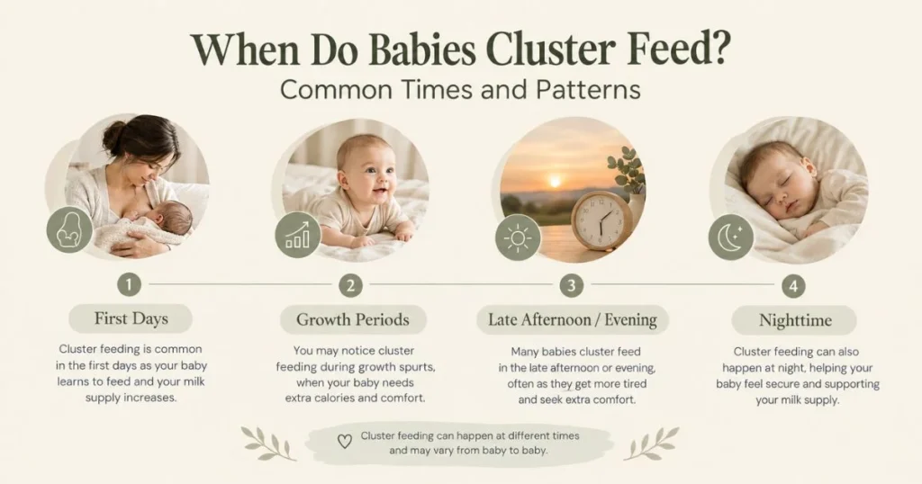 When do babies cluster feed? Signs, Schedule & Tips 4 When Do Babies Cluster Feed? Common Times and Patterns
