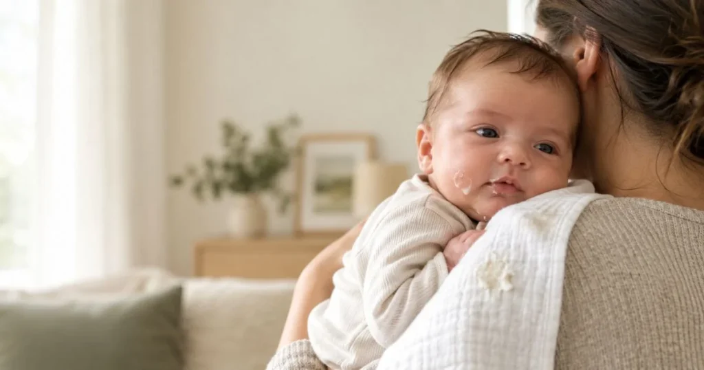 newborn baby vomiting milk after feeding : Causes, Signs & When to Worry 3 Hero image showing what mild spit-up/vomiting can look like after feeding.