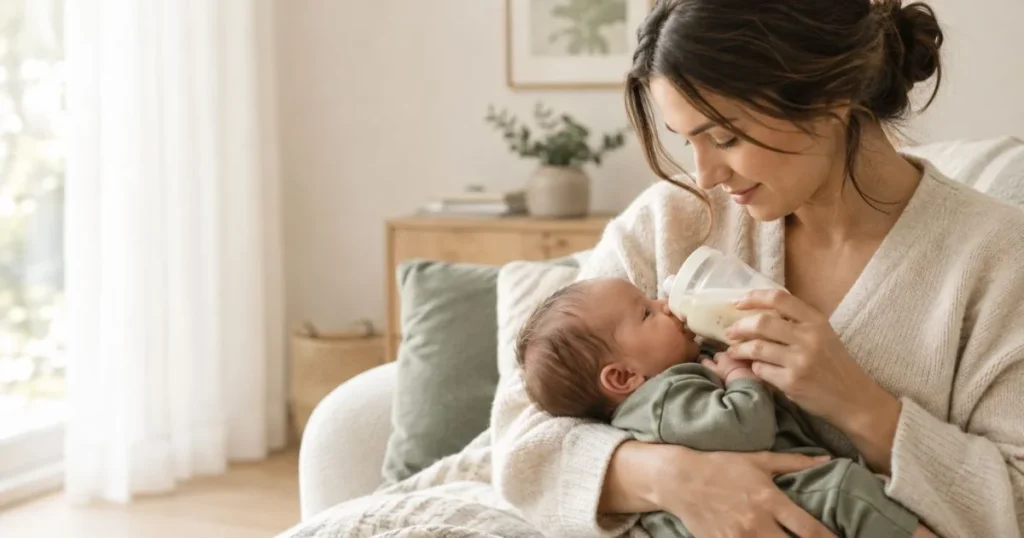 How Much Milk Does a Newborn Drink? Complete Guide 7 Parent feeding a peaceful newborn in a warm home