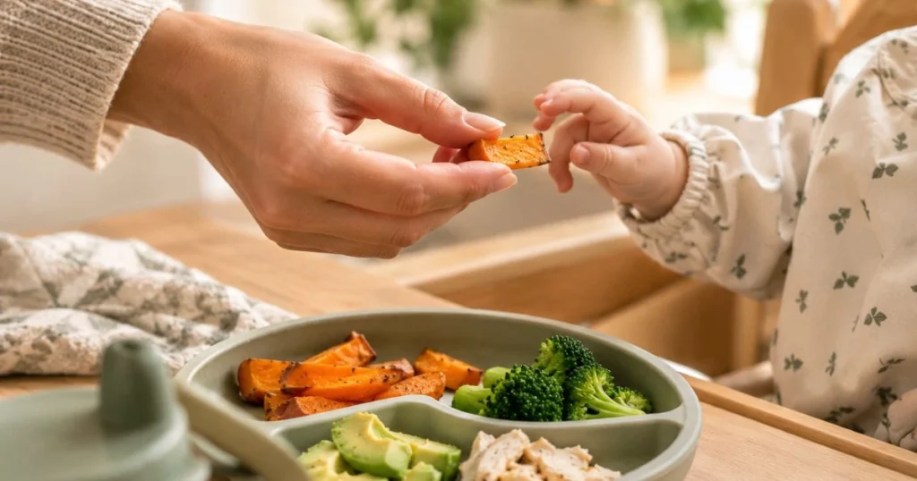 Baby Led Weaning Recipes: 25 Easy Meals for Your Baby 4 Baby exploring soft finger foods with hands during early self-feeding