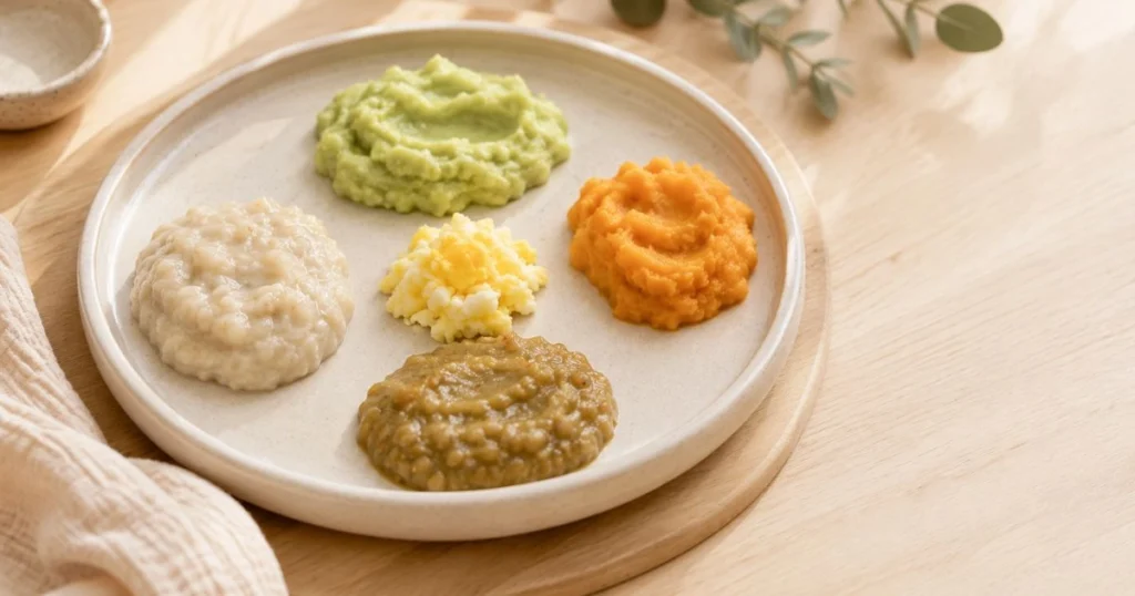 Baby Feeding Schedule by Age: The Complete Month-by-Month Guide 7 Healthy first foods for a 6-month-old including mashed avocado, sweet potato, cooked egg, lentil puree and oatmeal