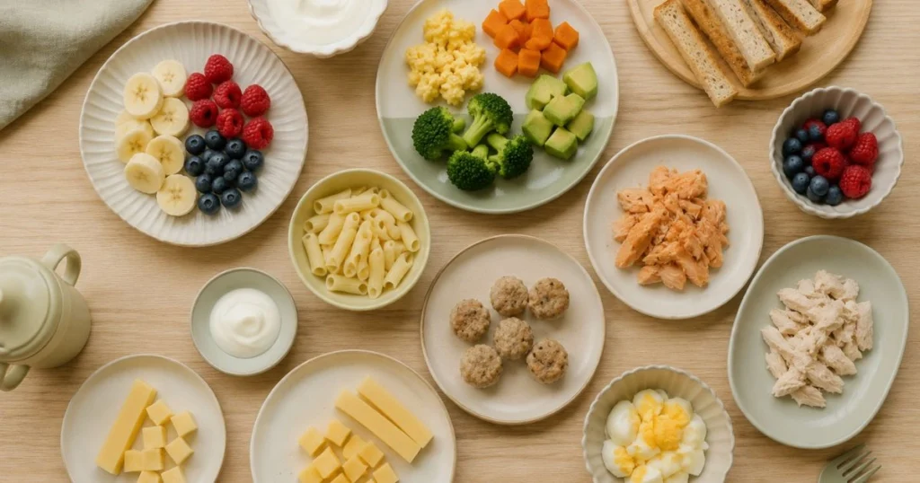 Variety of healthy finger foods for toddlers including fruits, vegetables, eggs, chicken, pasta and toast