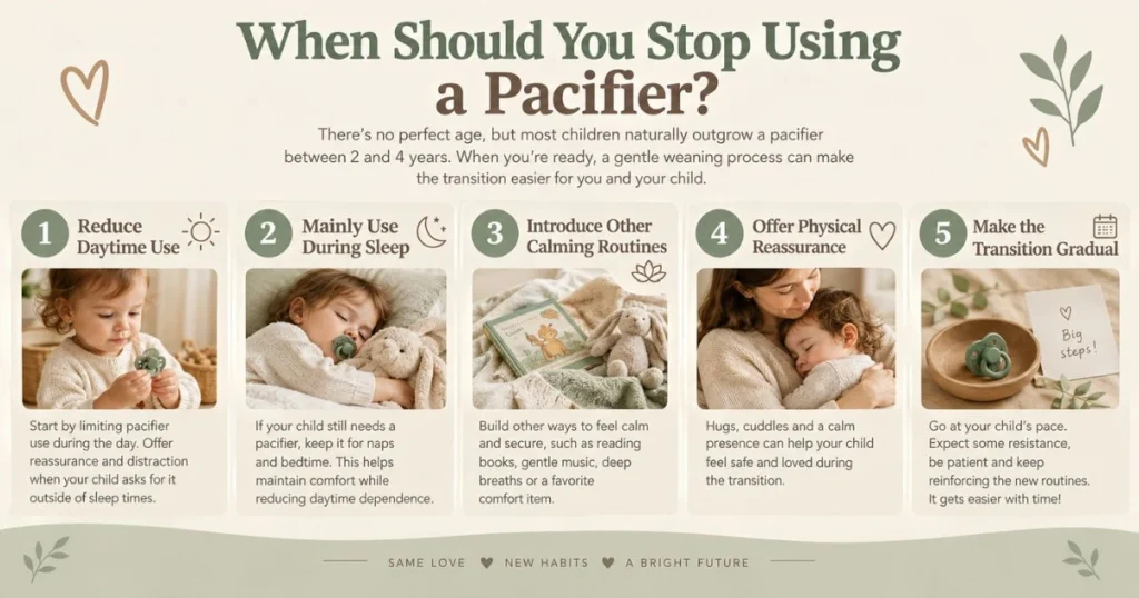 Newborn Pacifier Safety: When and How to Use One 12 Gentle pacifier weaning steps showing reduced daytime use and alternative calming routines