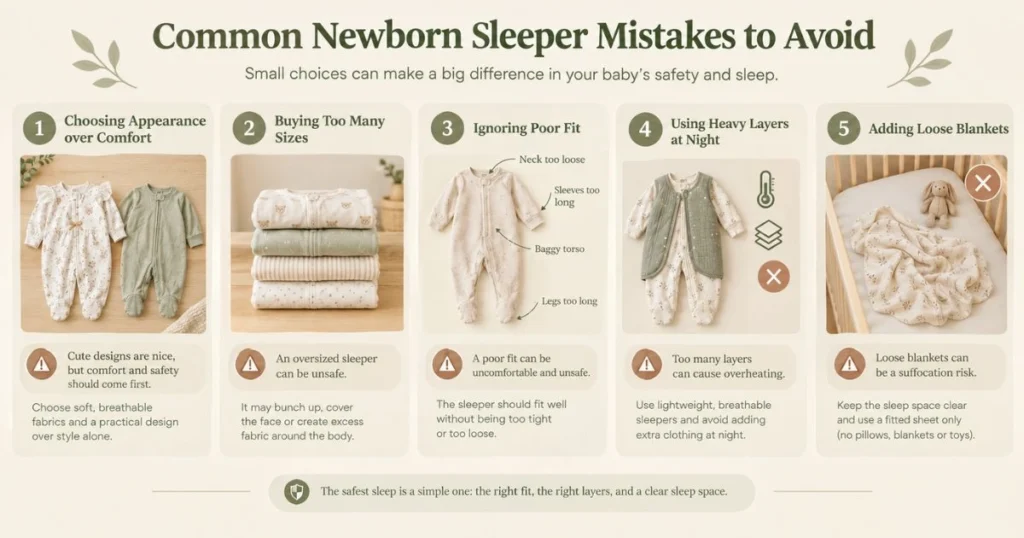 Best Newborn Sleepers: How to Choose the Softest Option for Your Baby 12 Common newborn sleeper mistakes including oversized clothing, heavy layers and loose blankets