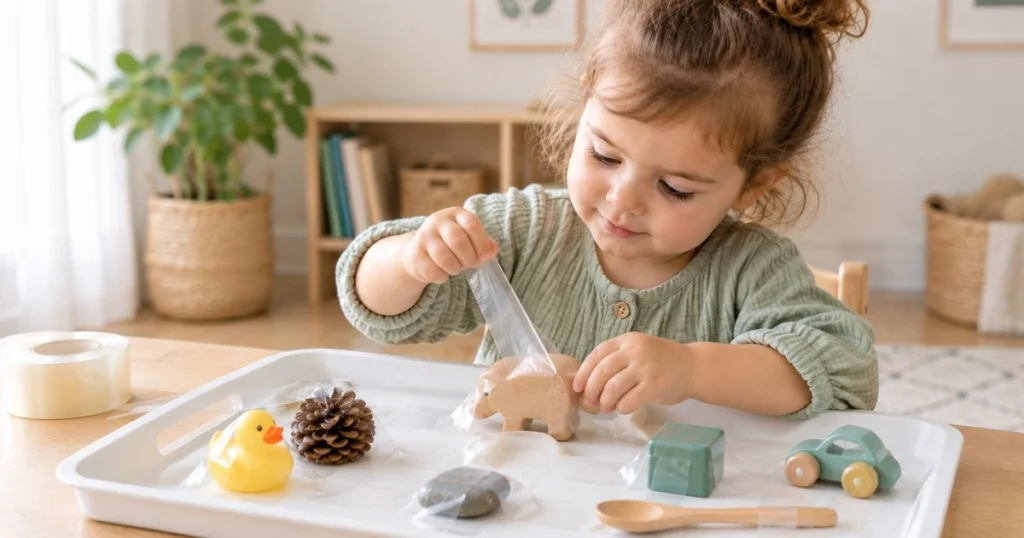 Sensory Play: 25 Easy Activities for Toddlers at Home 15 Toddler peeling tape to rescue large toddler-safe objects during a sensory activity
