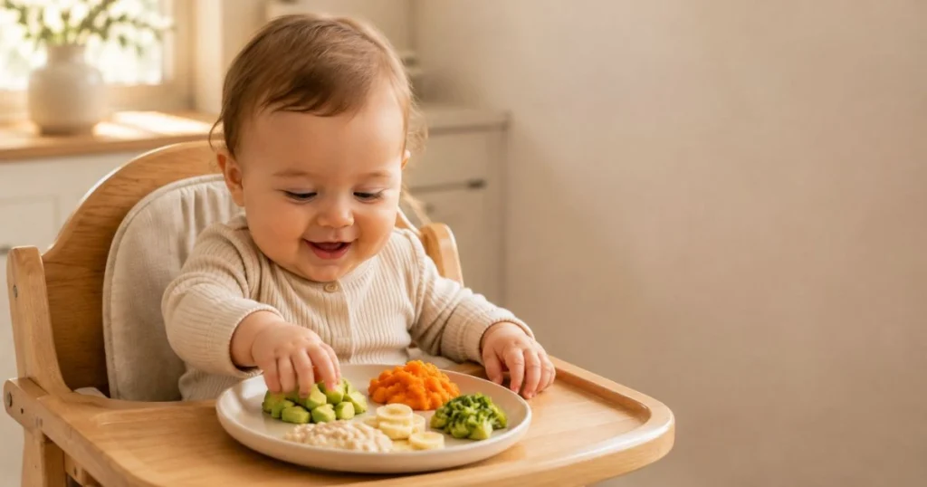 Baby Feeding Schedule by Age: The Complete Month-by-Month Guide 11 Baby exploring soft complementary foods and learning to handle different food textures
