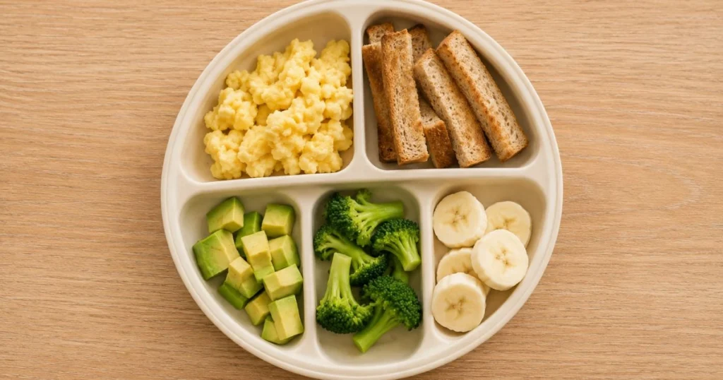 Toddler meal prep containers with cooked vegetables, shredded chicken, banana, pasta and egg muffins