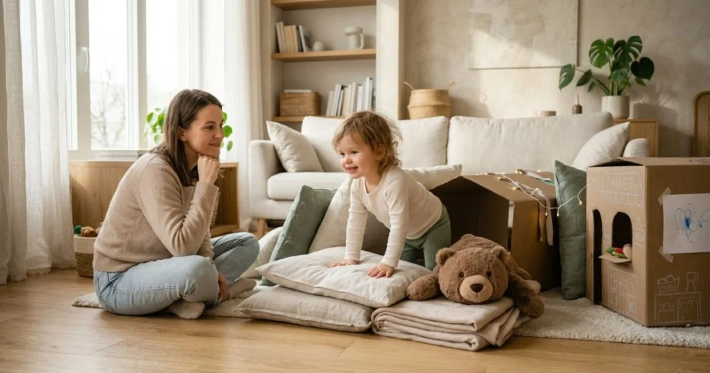 30 Easy Indoor Activities for Toddlers That They’ll Love 10 Parent supervising a toddler during safe indoor active play