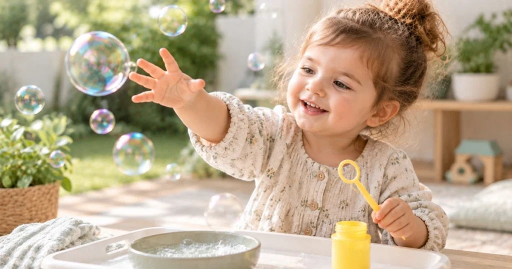 Sensory Play: 25 Easy Activities for Toddlers at Home 16 Happy toddler reaching for and popping bubbles during outdoor sensory play